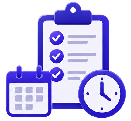 A clipboard with checkmarks, beside a calendar and a clock, all in blue tones.