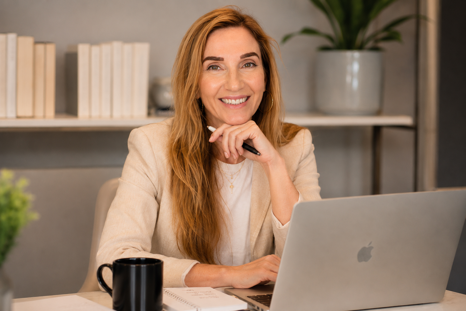 Smiling woman with red hair sitting at a desk with a laptop, holding a pen, in a modern office with a potted plant and shelves in the background.