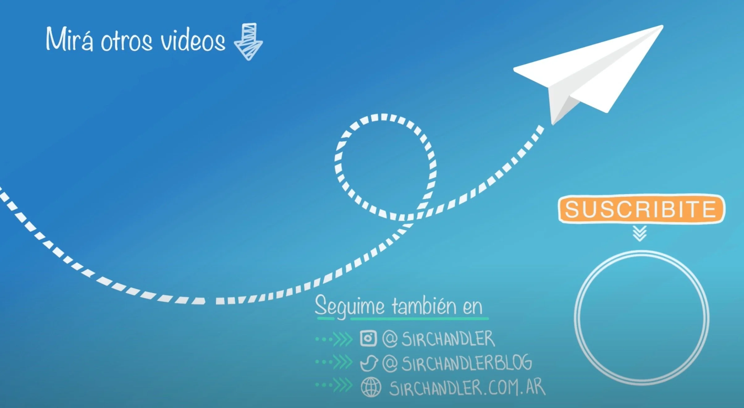 Invitation to watch more videos, featuring a white paper airplane flying on a blue background with dotted flight paths, social media handles, and website information for Sir Chandler.