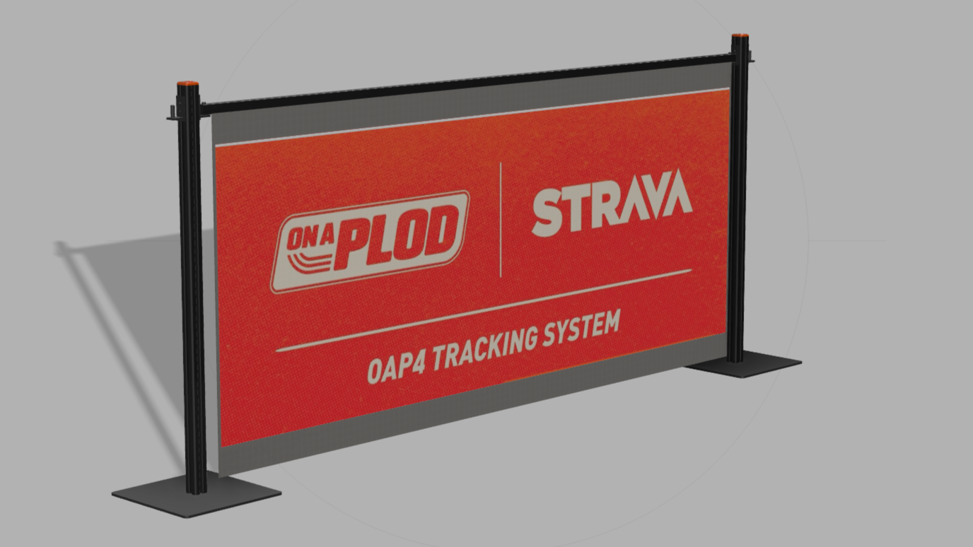 Red sports event banner with logos for ONAPLOD, STRAVA, and OAP4 TRACKING SYSTEM.