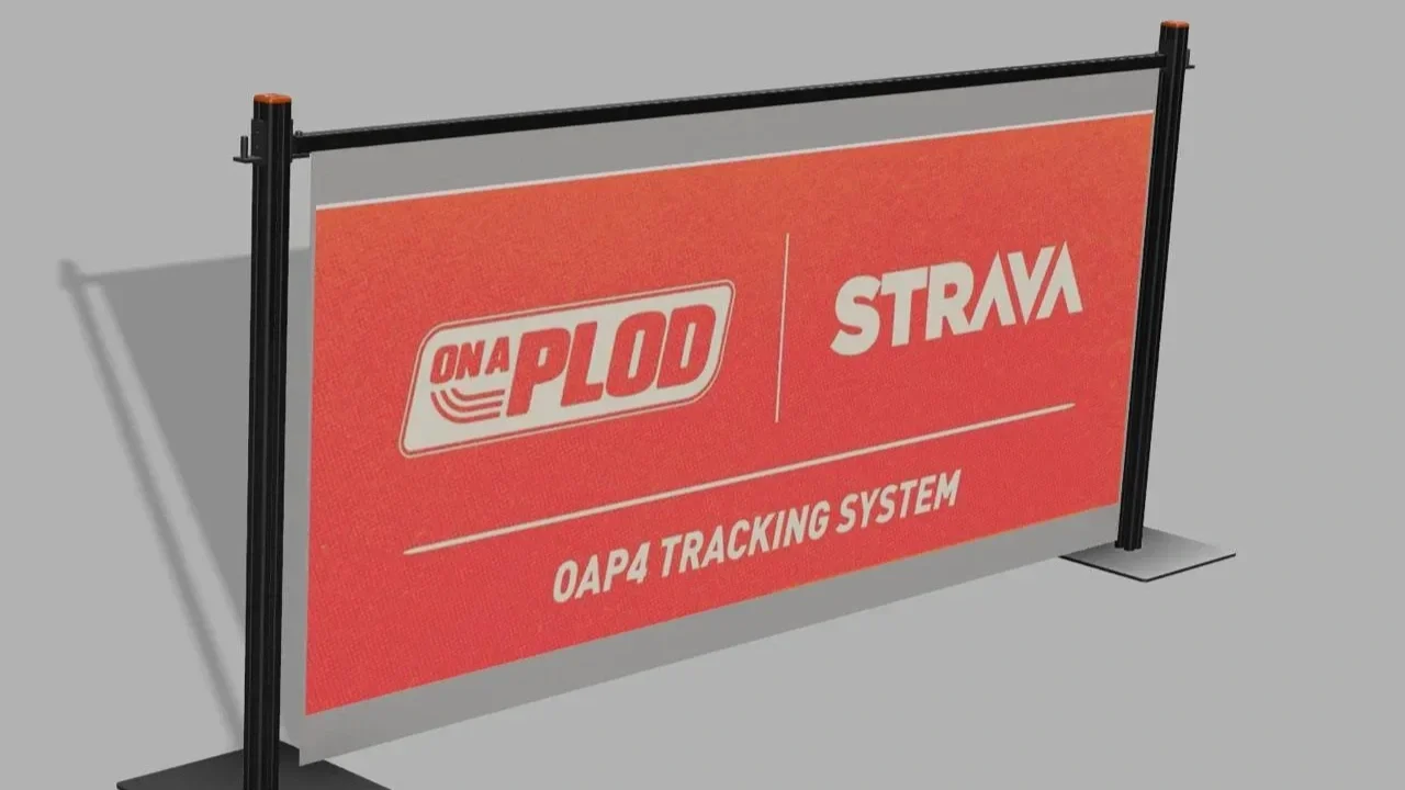 OnaPlod and Strava co-branded event barrier banner mockup in orange with QAP4 Tracking System branding for live event activation