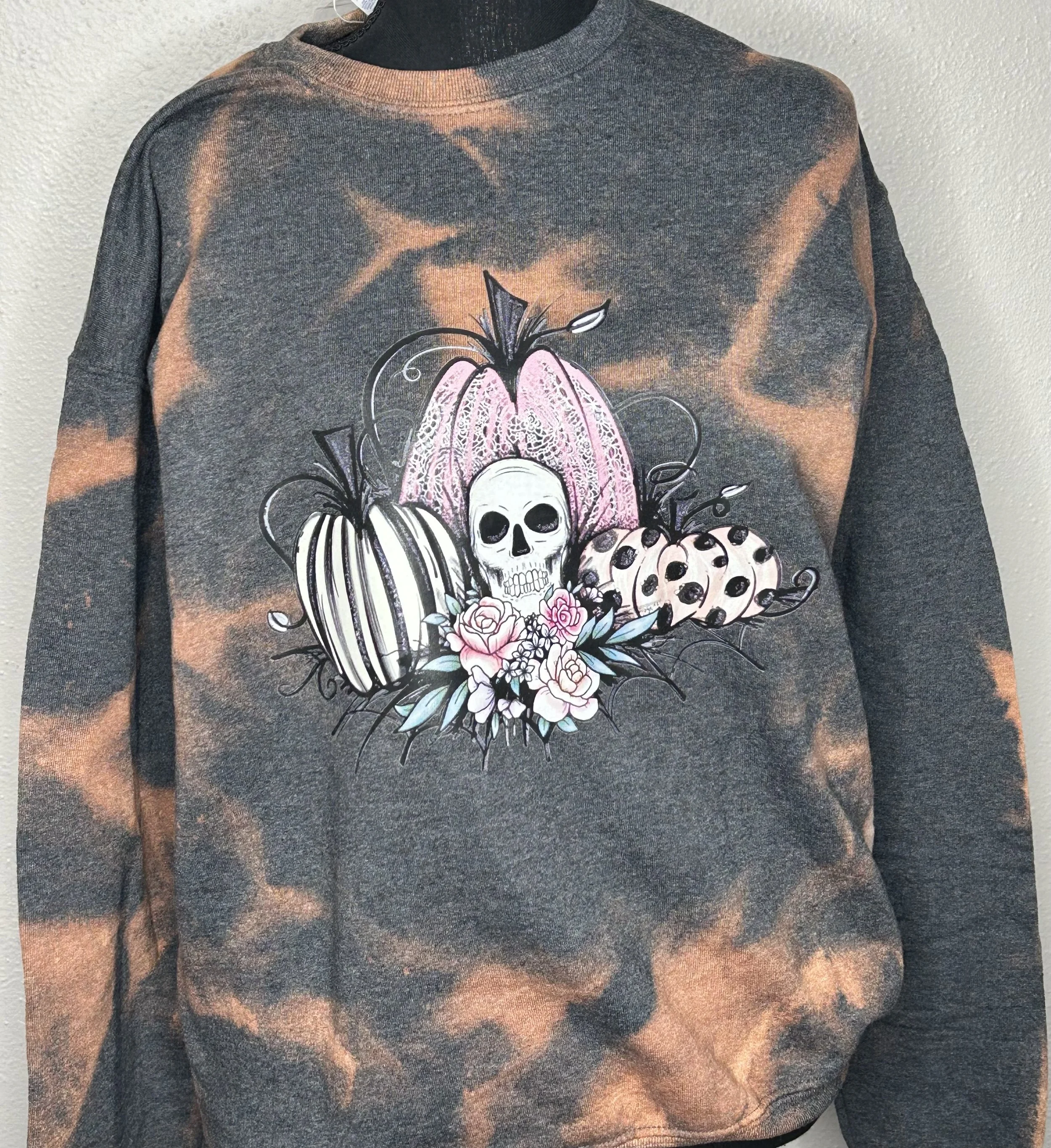 Bleach-Dyed Halloween Skull Sweatshirt