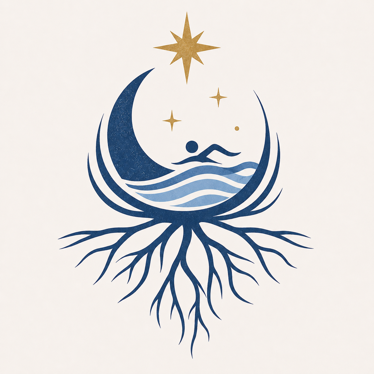 Decorative wall art featuring a crescent moon with waves, a mustached face, stars, and roots.