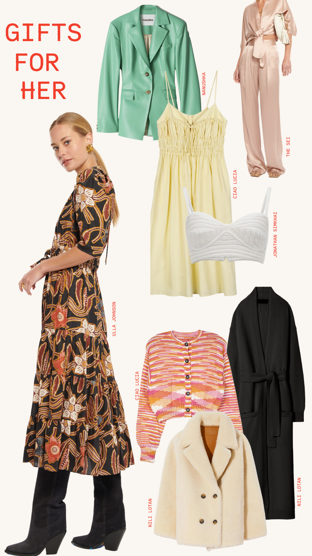 Collection of clothing items for gift ideas for women, including a green blazer, a yellow sundress, a satin pajama set, a white knit crop top, a patterned dress, a colorful striped cardigan, a beige coat, a black coat, and a pink floral cardigan. Tex
