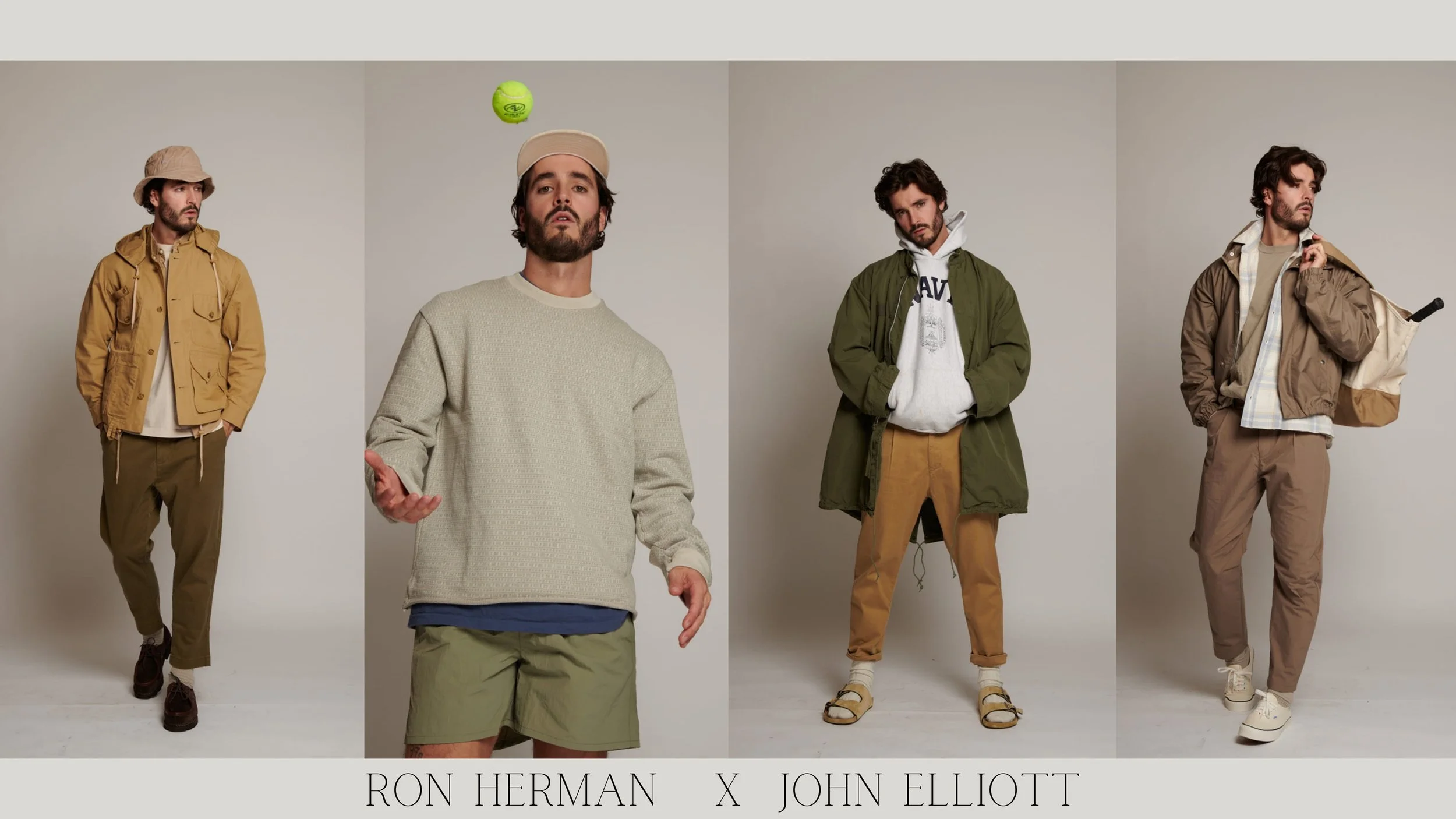 Four men wearing casual, layered outdoor clothing, standing against a neutral background, with their expressions and poses varying.
