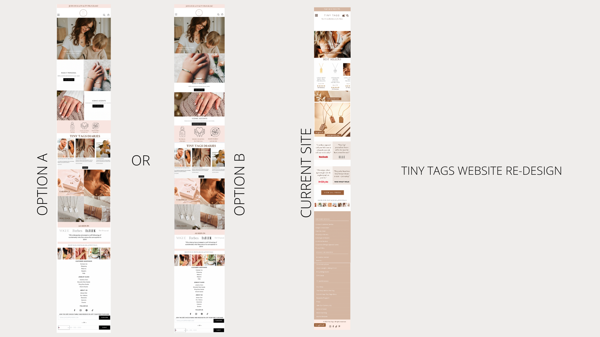 Comparison of two options for Tiny Tags website redesign, showing the current site versus a proposed re-design, with the new design featuring a different layout and color scheme.