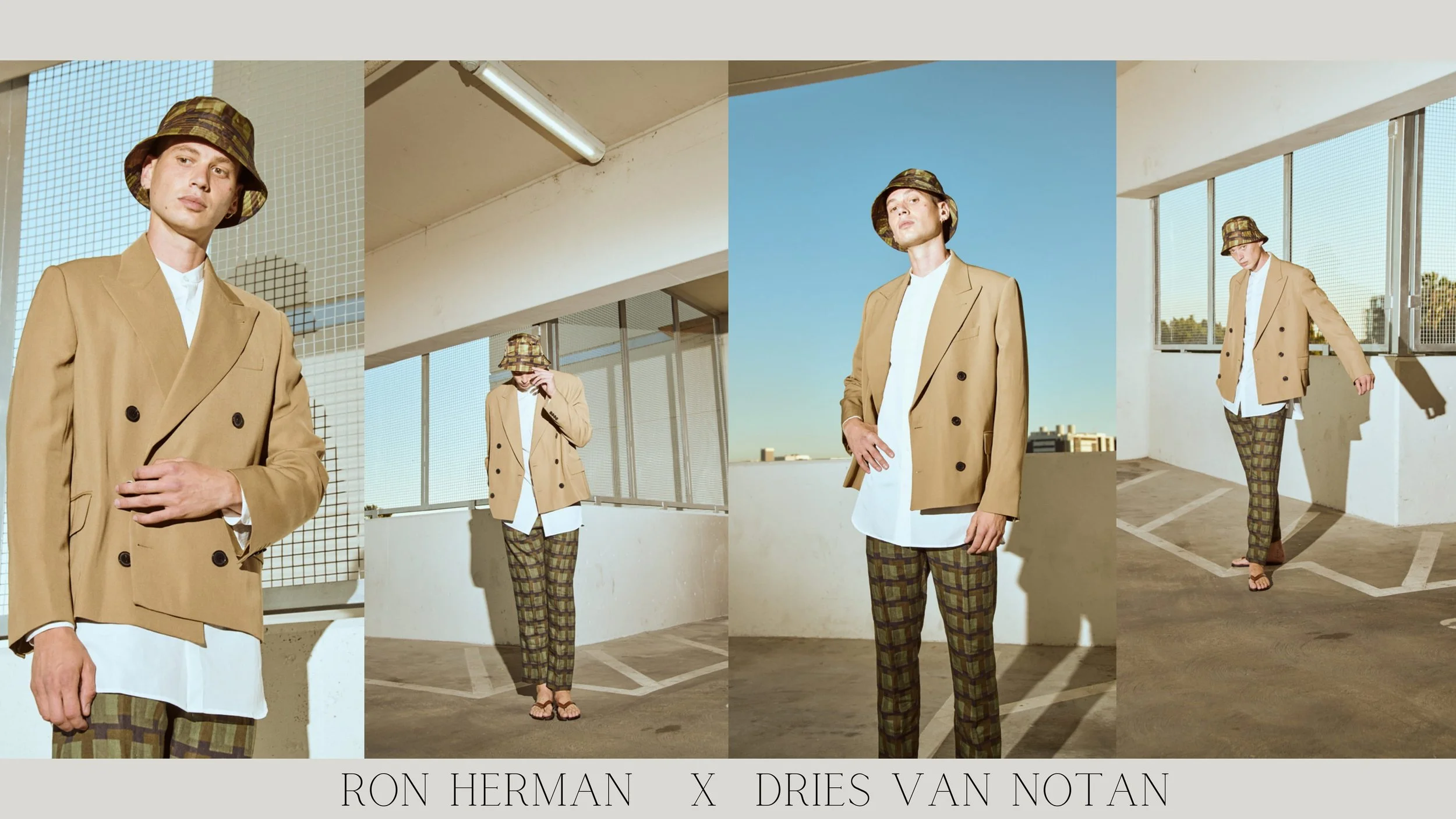 A young man dressed in a beige double-breasted blazer, white shirt layered over another white shirt, plaid pants, and a checklist bucket hat, standing on a rooftop parking lot with a cityscape in the background. The photo shows four different angles 