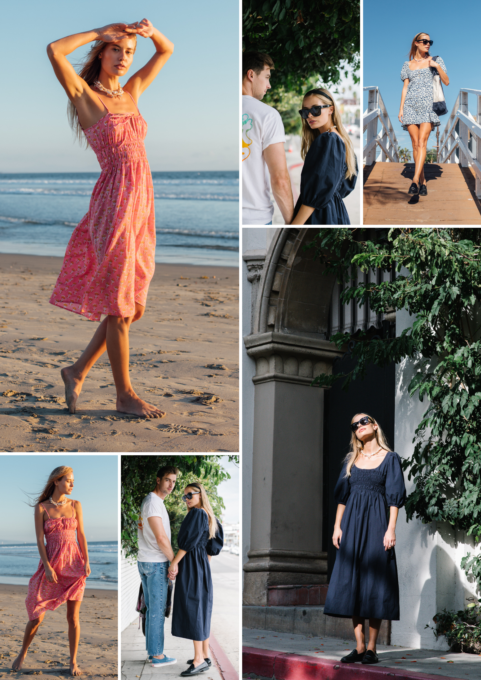 A collage of six photos featuring a young woman with long blonde hair and sunglasses in various outfits and settings. She is at the beach in a pink dress, walking on the sidewalk near trees and a building, standing on stairs outside a building, and p