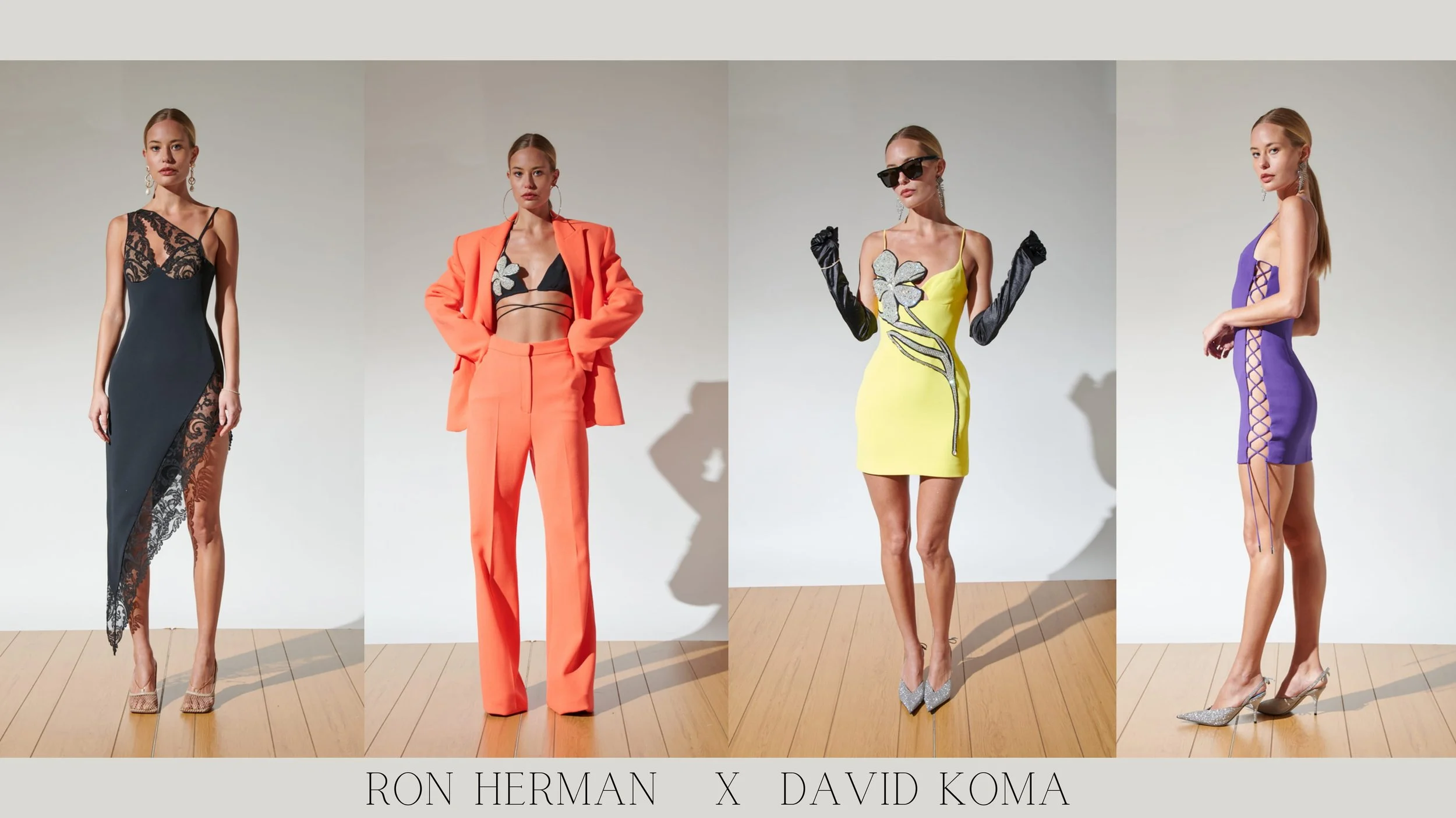 Four women modeling fashion outfits in a photo shoot with a plain white background. The first woman wears a black dress with lace details. The second woman is in a bright orange suit with a black and floral crop top. The third woman dons a yellow she
