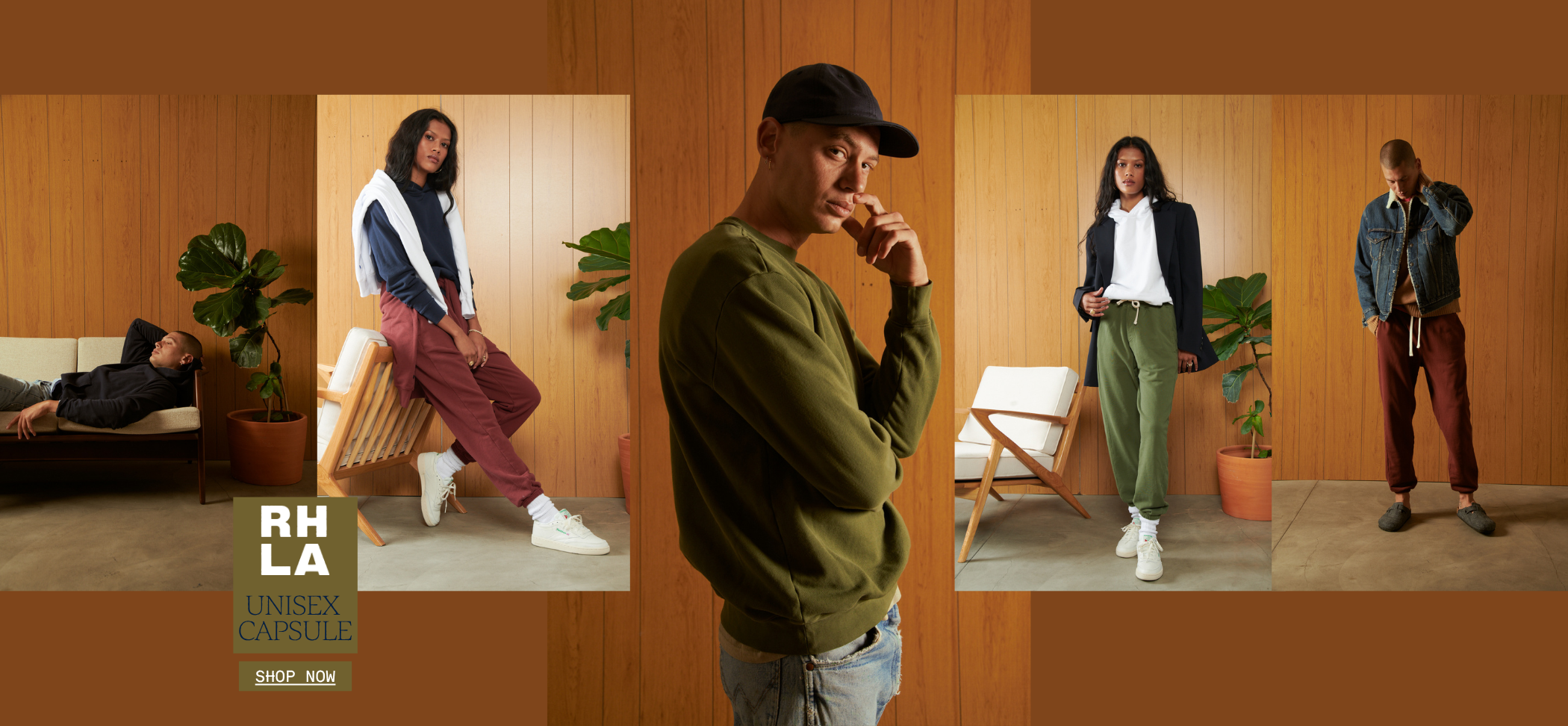 Collage of five people in a room with wood-paneled walls, including a man in a black cap and green sweatshirt in the middle, and four women in casual clothing, some posing and one lying on a couch. An advertisement for unisex capsule clothing with a 