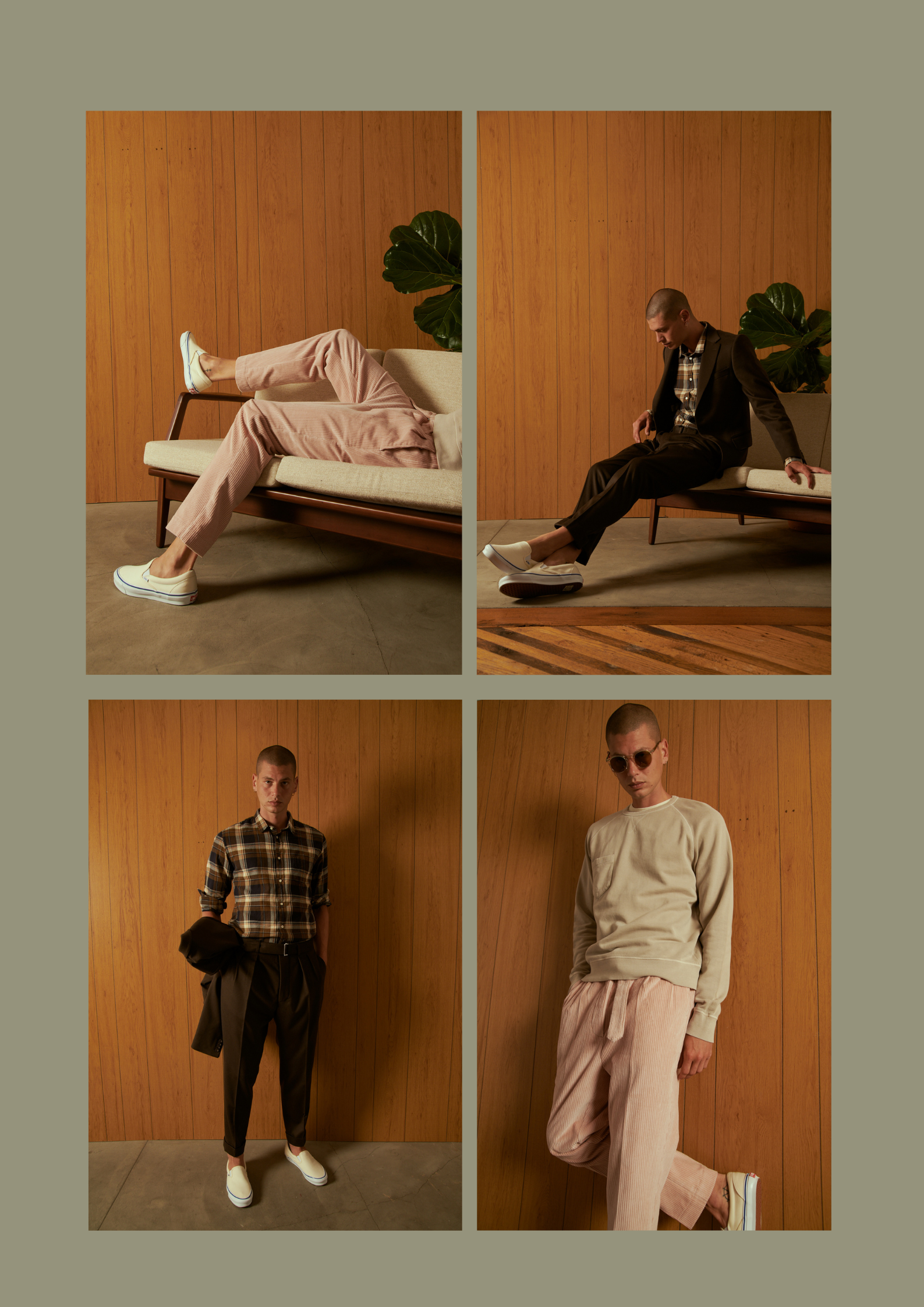 A collage of four photos featuring a young man with a shaved head, wearing different outfits, against a wooden wall background. The top left photo shows him lying on a sofa with his legs up, wearing light-colored corduroy pants and white sneakers. Th