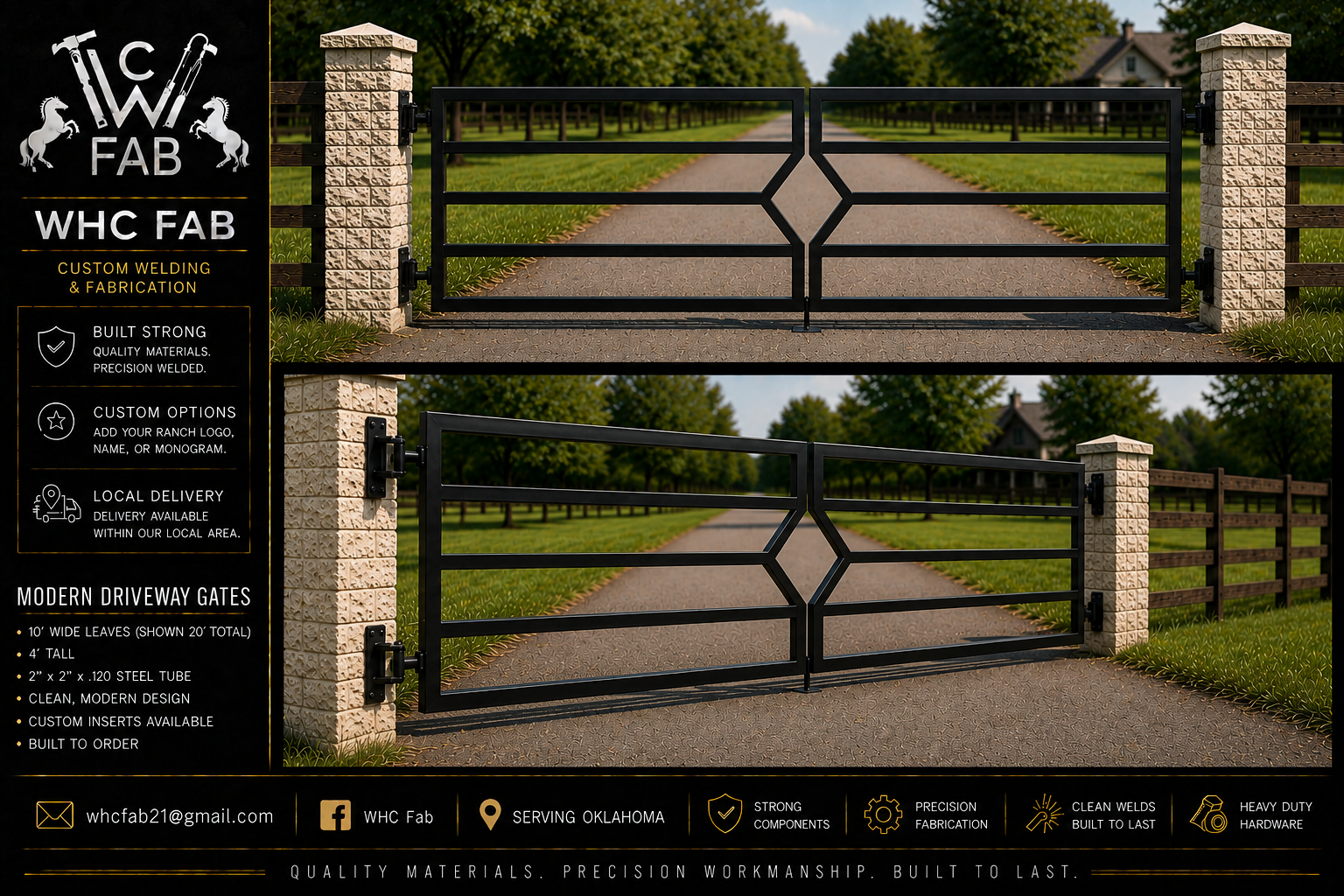 Display of two black modern driveway gates on white brick pillars, with promotional signage on the left side describing features and custom options, background of trees and a house, and information about the company