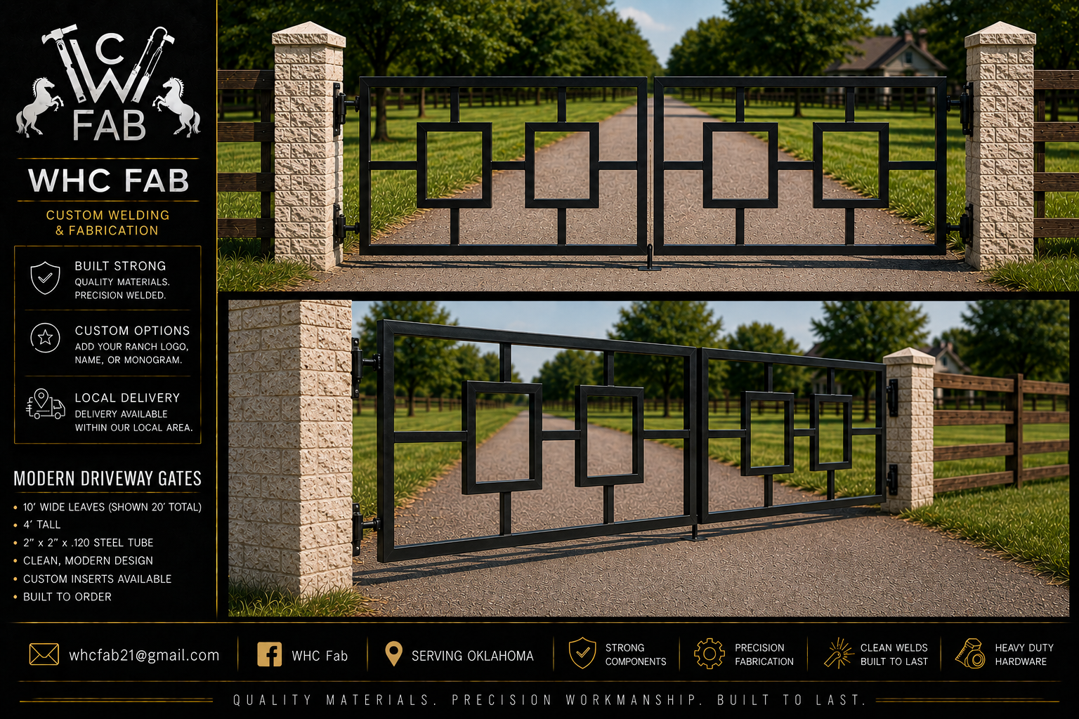 Illustration of two modern black driveway gates with geometric square designs, installed between brick pillars, with a gravel pathway and green trees in the background.