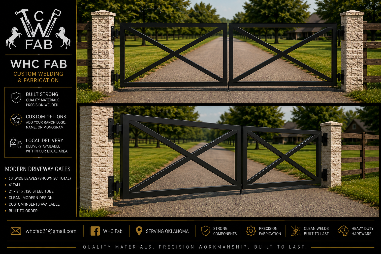 Comparison of two black modern driveway gates installed between brick pillars, with information about the company's custom welding and fabrication services on the left side of the image.