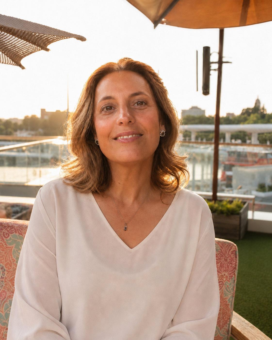 Lourdes Marinetto sitting calmly at an outdoor table