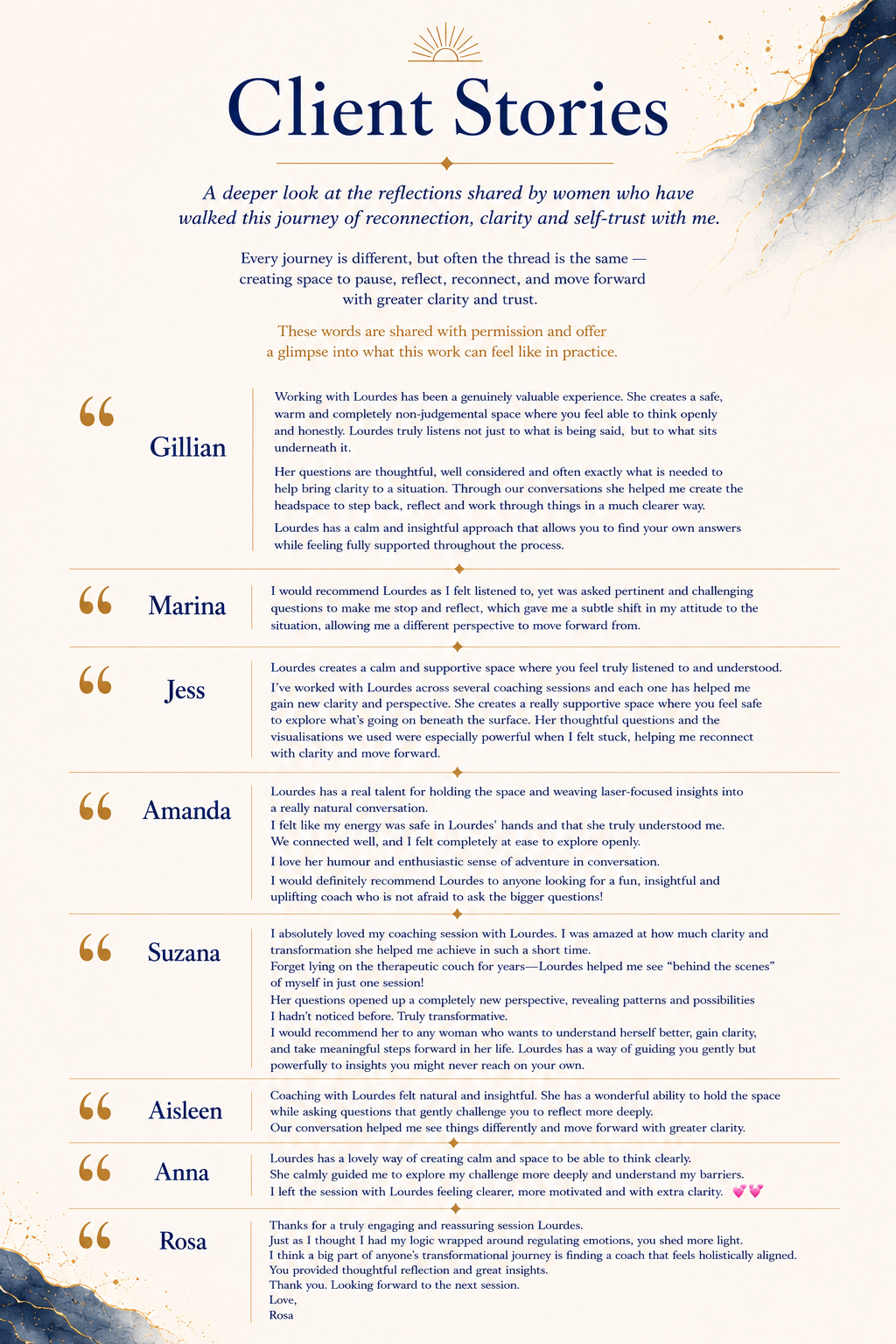 Client stories and testimonials for Perfectly Imperfect Me Coaching