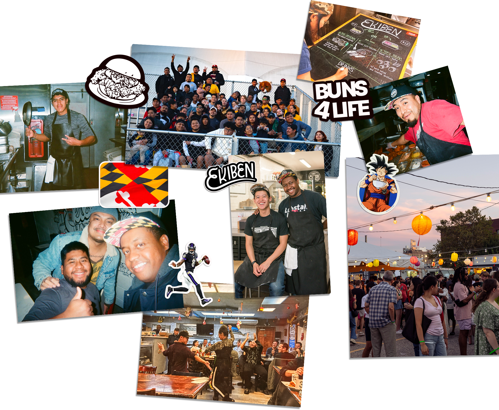 A collage of photos showing a large group of people at an outdoor event, food trucks, a busy kitchen with cooks, and a crowd of people at dusk with paper lanterns overhead.
