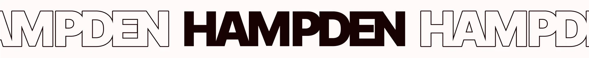 The word 'HAMPDEN' in bold black text, repeated with outline and filled styles on a white background.