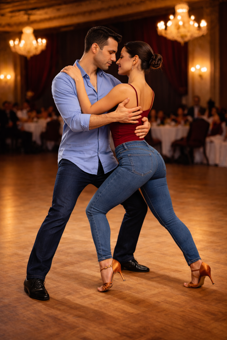 Un couple danse en couple dans une salle élégante avec éclairage tamisé et chandeliers. La femme porte un débardeur rouge, un jean kiné et des talons, l'homme porte une chemise bleue et un pantalon noir.