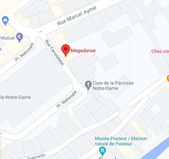 Carte montrant l'emplacement de Megadanse sur la Rue Carondelet, à proximité du Cure de la Paroisse Notre-Dame et du Musée Pasteur / Maison natale de Pasteur, à Reims, France.