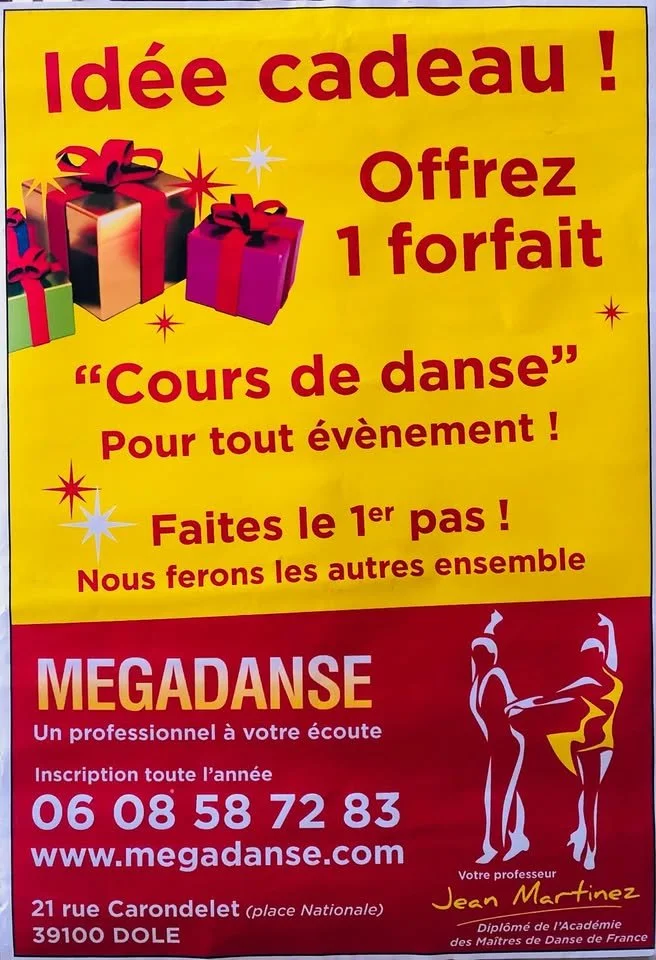 Affiche promotionnelle pour un cours de danse offert en cadeau, avec des images de cadeaux et des informations de contact pour Megadanse à Dole, France.