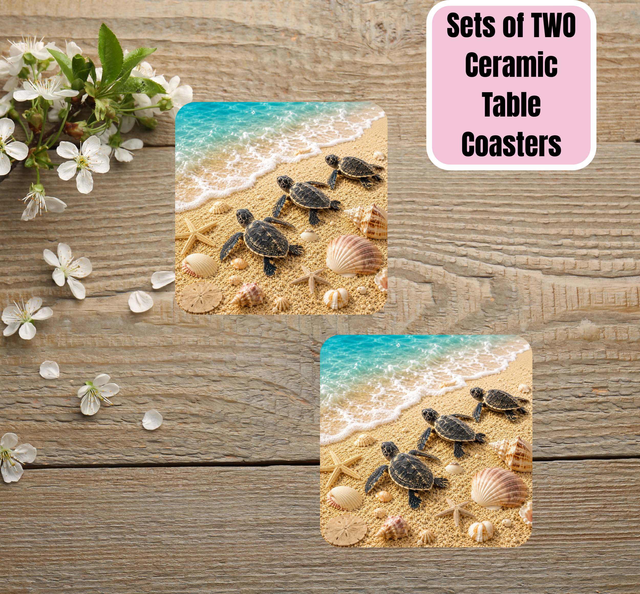 Ocean Splash Sea Turtle Ceramic Coasters - Set of 2