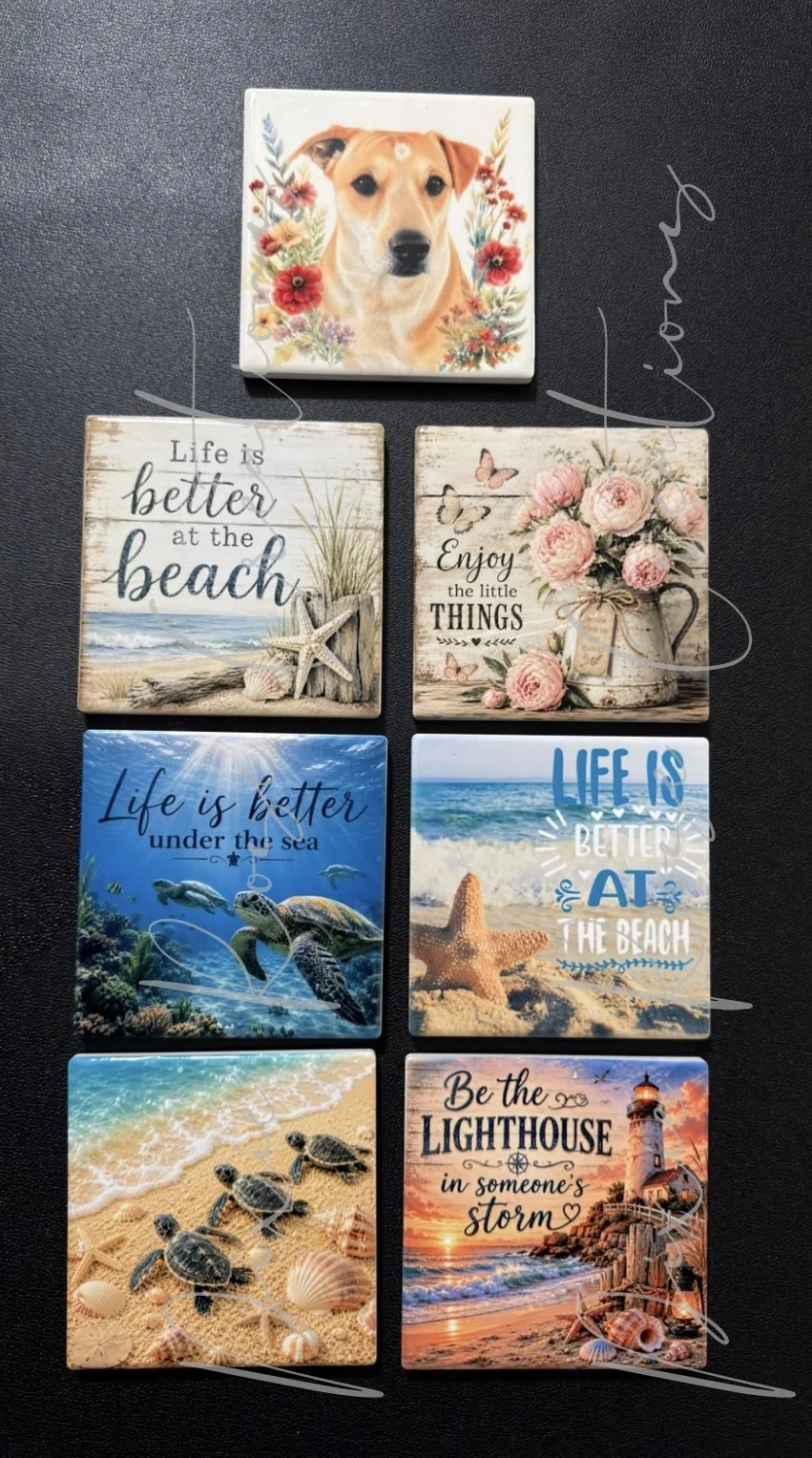 Six decorative signs with beach and ocean themes, including a portrait of a dog, floral arrangements, a starfish on the sand, sea turtles, and lighthouse imagery, with inspiring quotes about life and the beach.