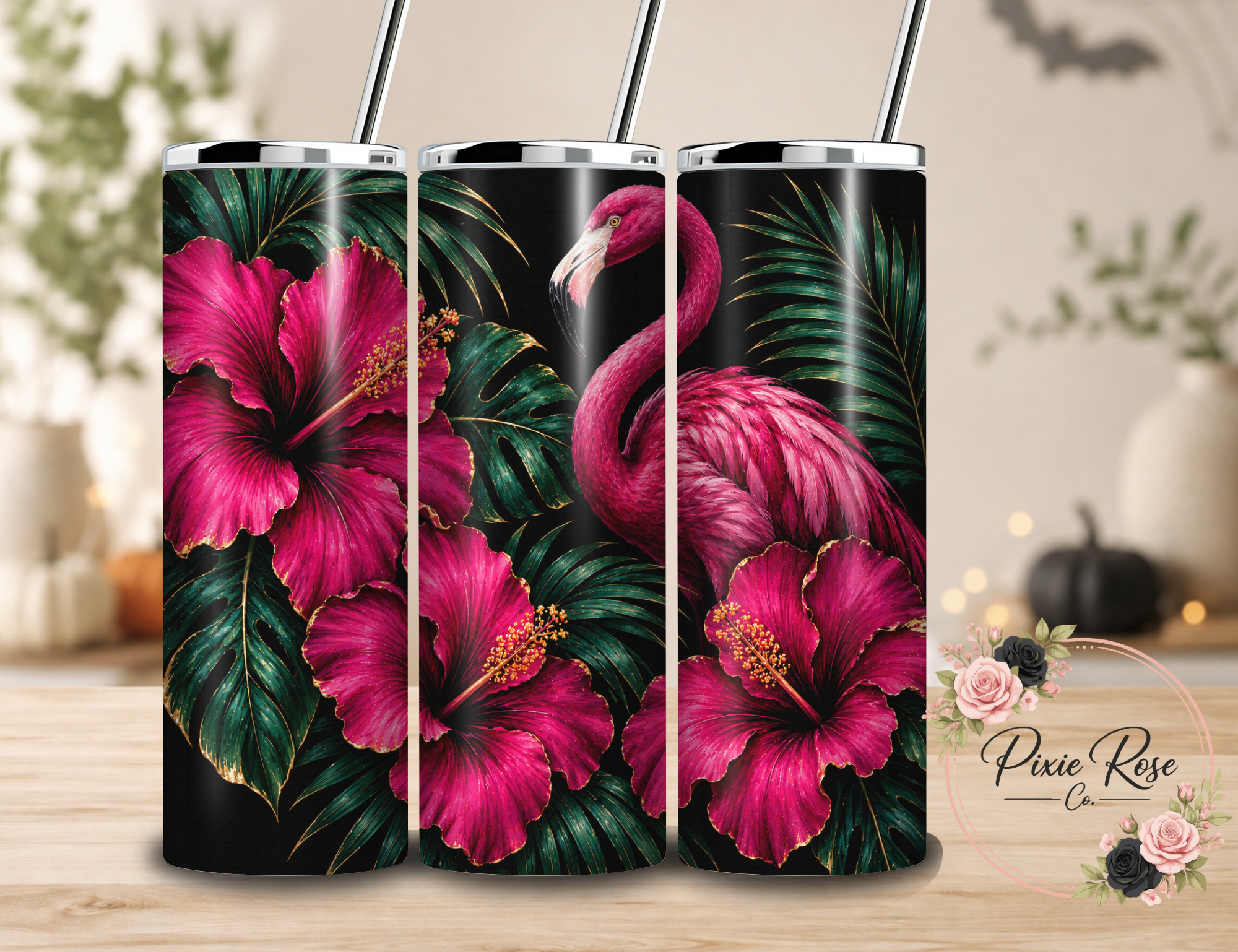 Tropical Flamingo & Hibiscus Stainless Steel Tumbler
