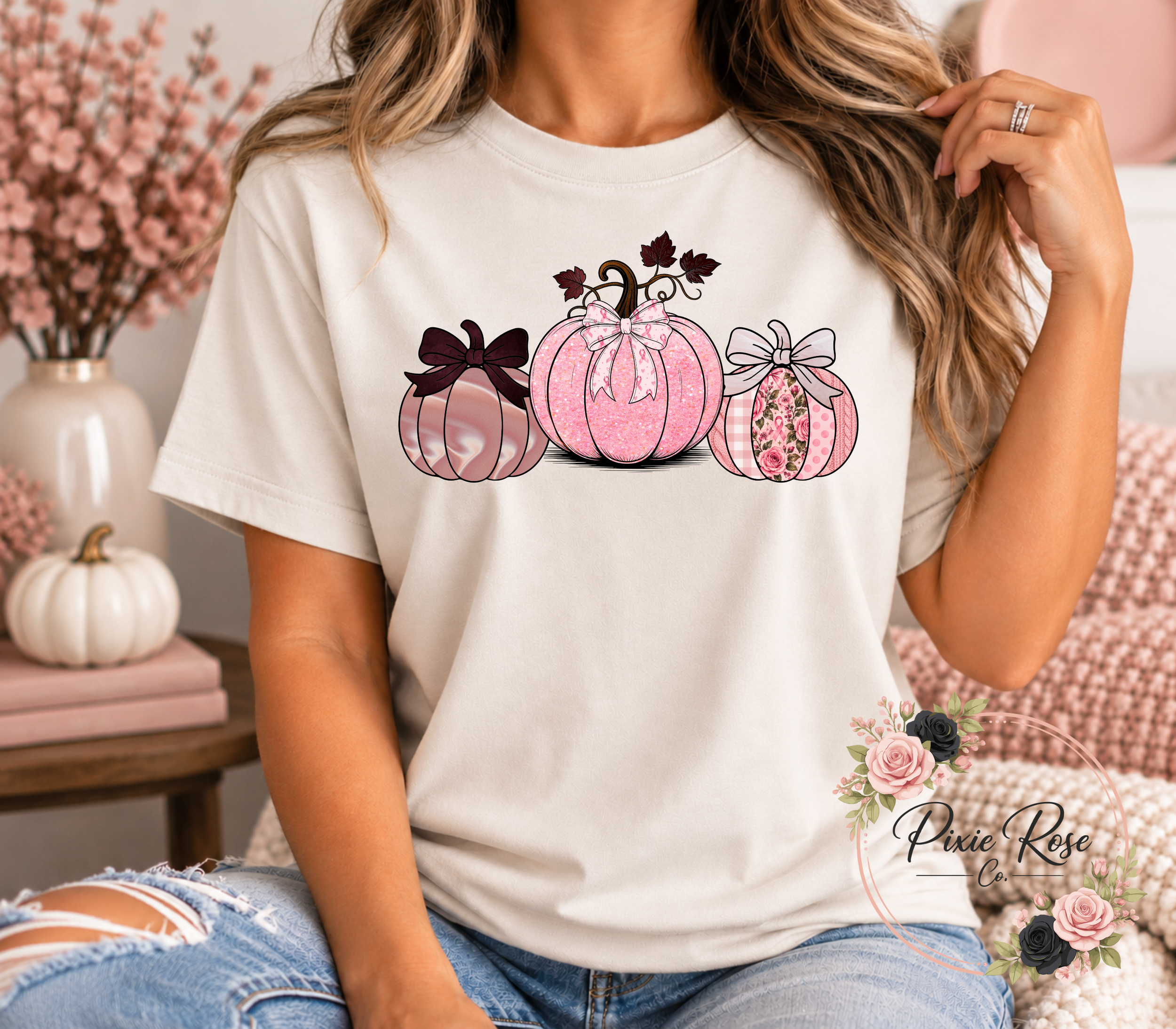 Adult Pink Pumpkin Fall T-Shirt
