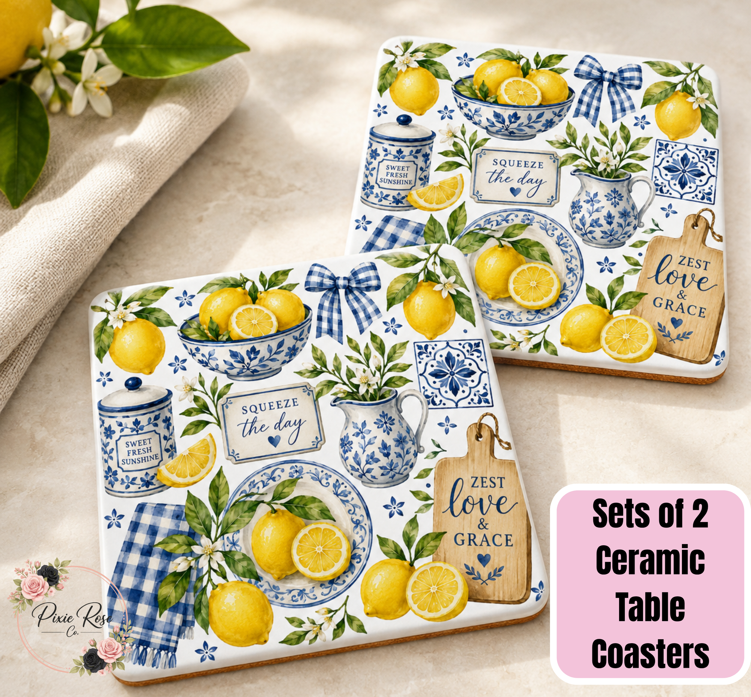 Lemon Kitchen Ceramic Coaster Set of 2
