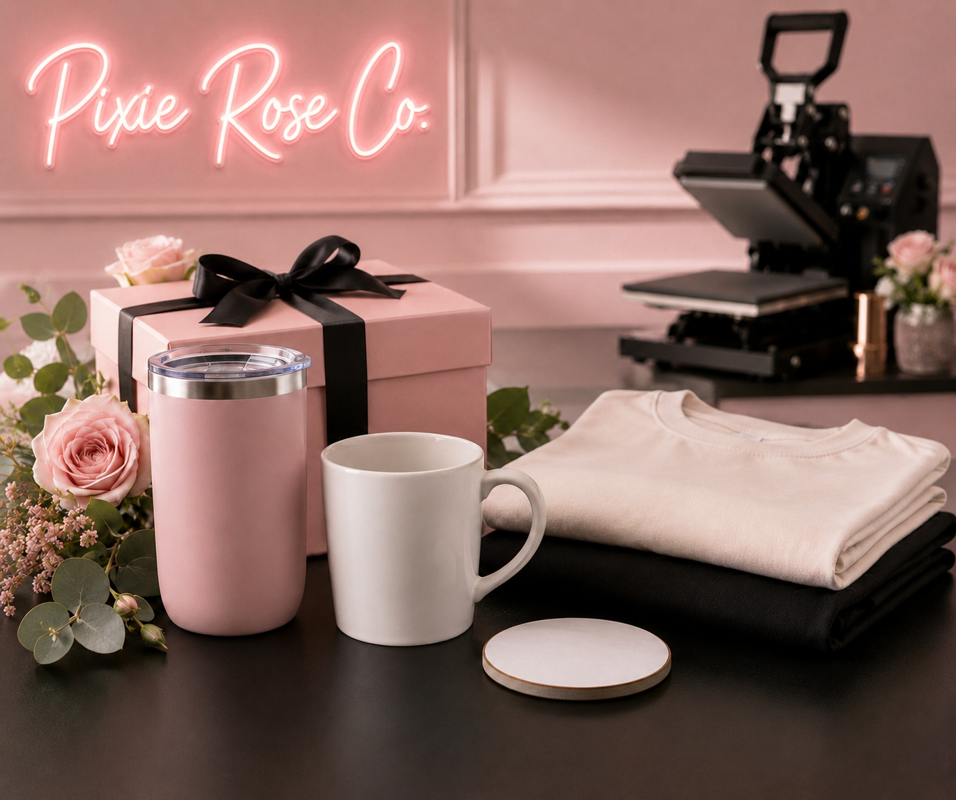 Pink gift box with black ribbon, pink tumbler, white mug, neatly folded white and black shirts, floral decoration, coffee heat press, and a pink neon sign that reads 'Pixie Rose Co.' in a stylish room.