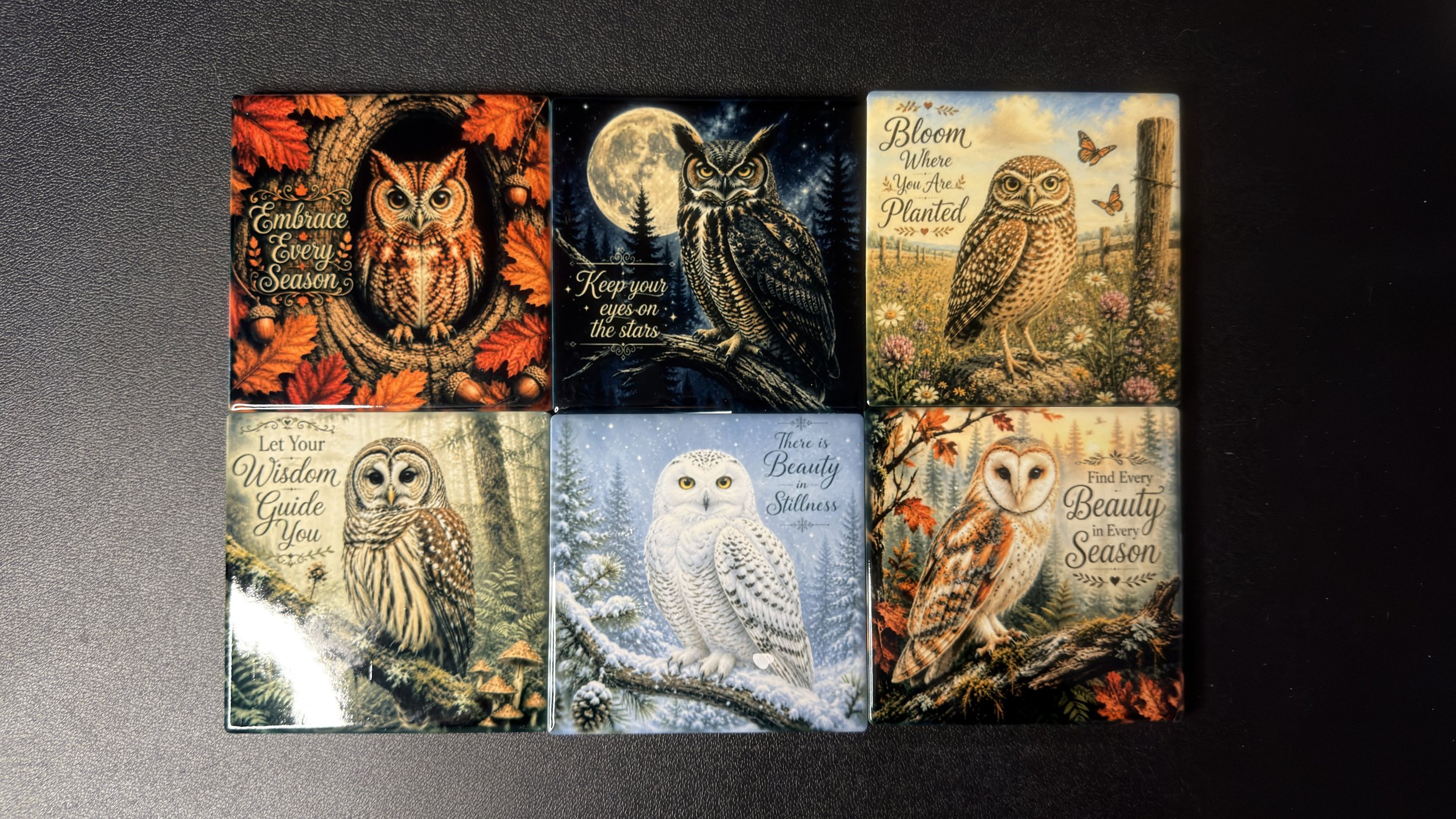 Collection of nature-themed cards featuring owls, including images of owls in trees, snow, and forests, with inspirational quotes.