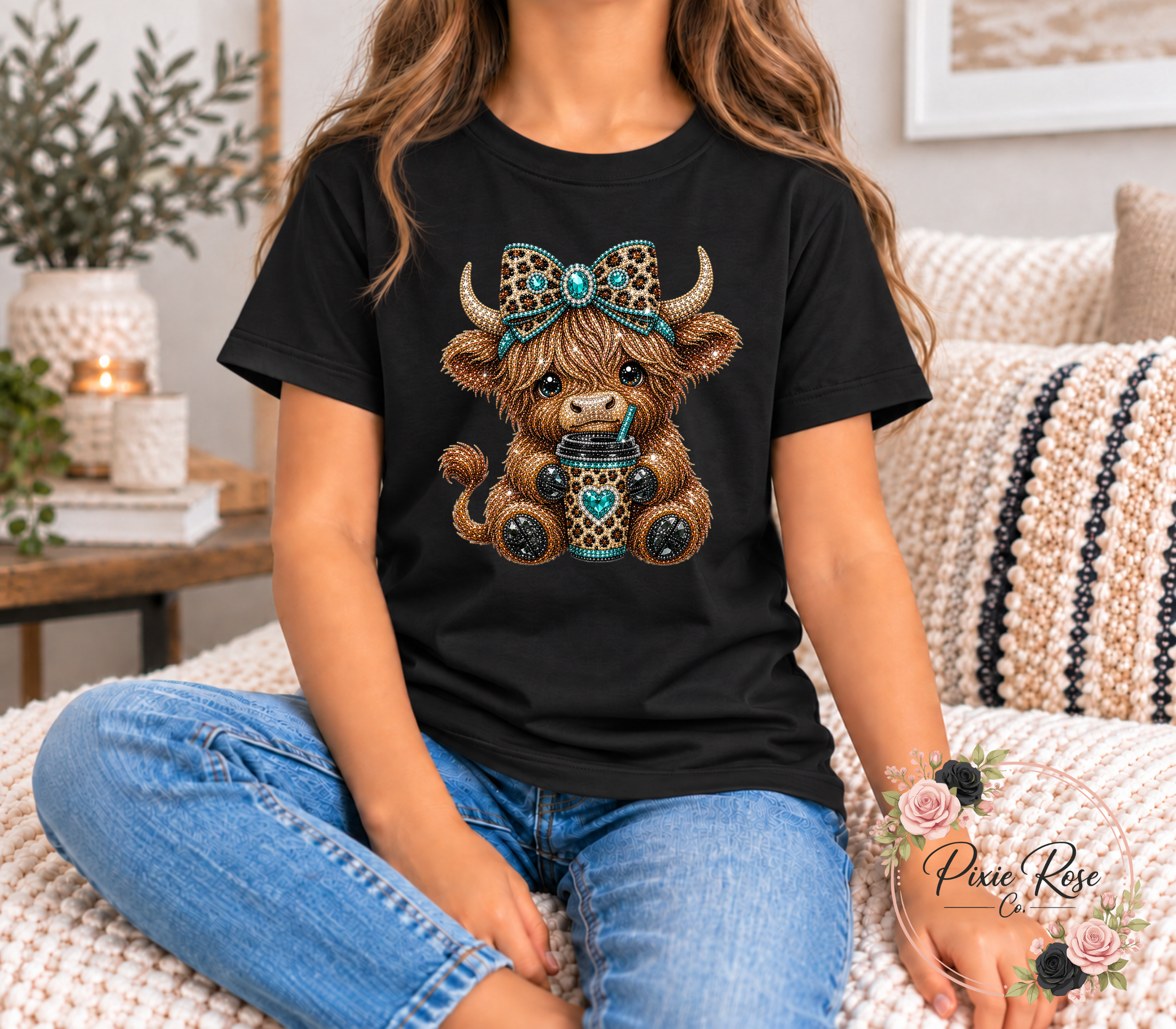 Cute Highland Rhinestone Youth T-Shirt