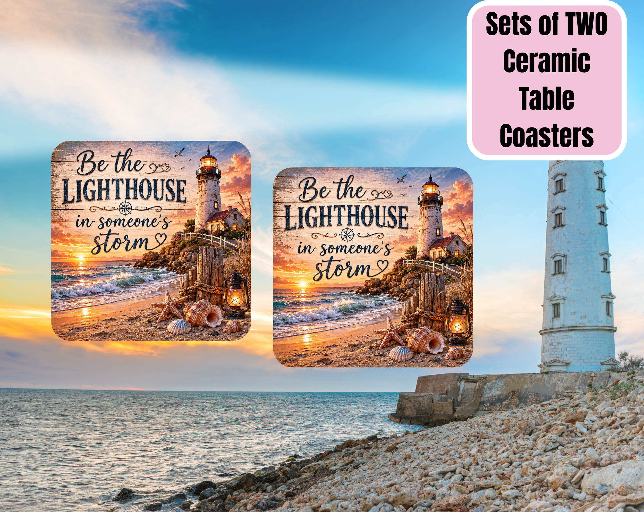 Lighthouse Ceramic Table Coasters - Set of 2