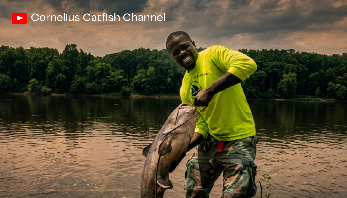 Man holding a large catfish near a river with tree-lined banks during sunset.