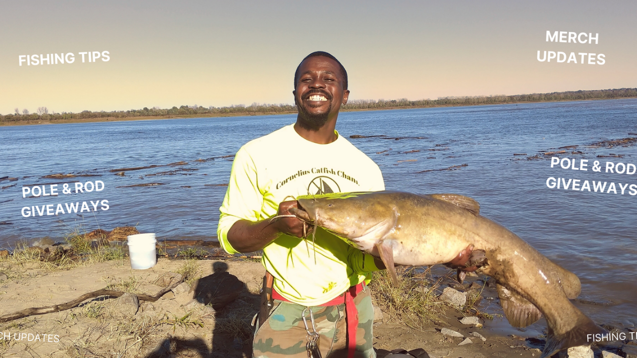 Cornelius Catfish smiling and holding a large catfish by the water's edge with text overlays advertising fishing tips, merch updates, and pole & rod giveaways.
