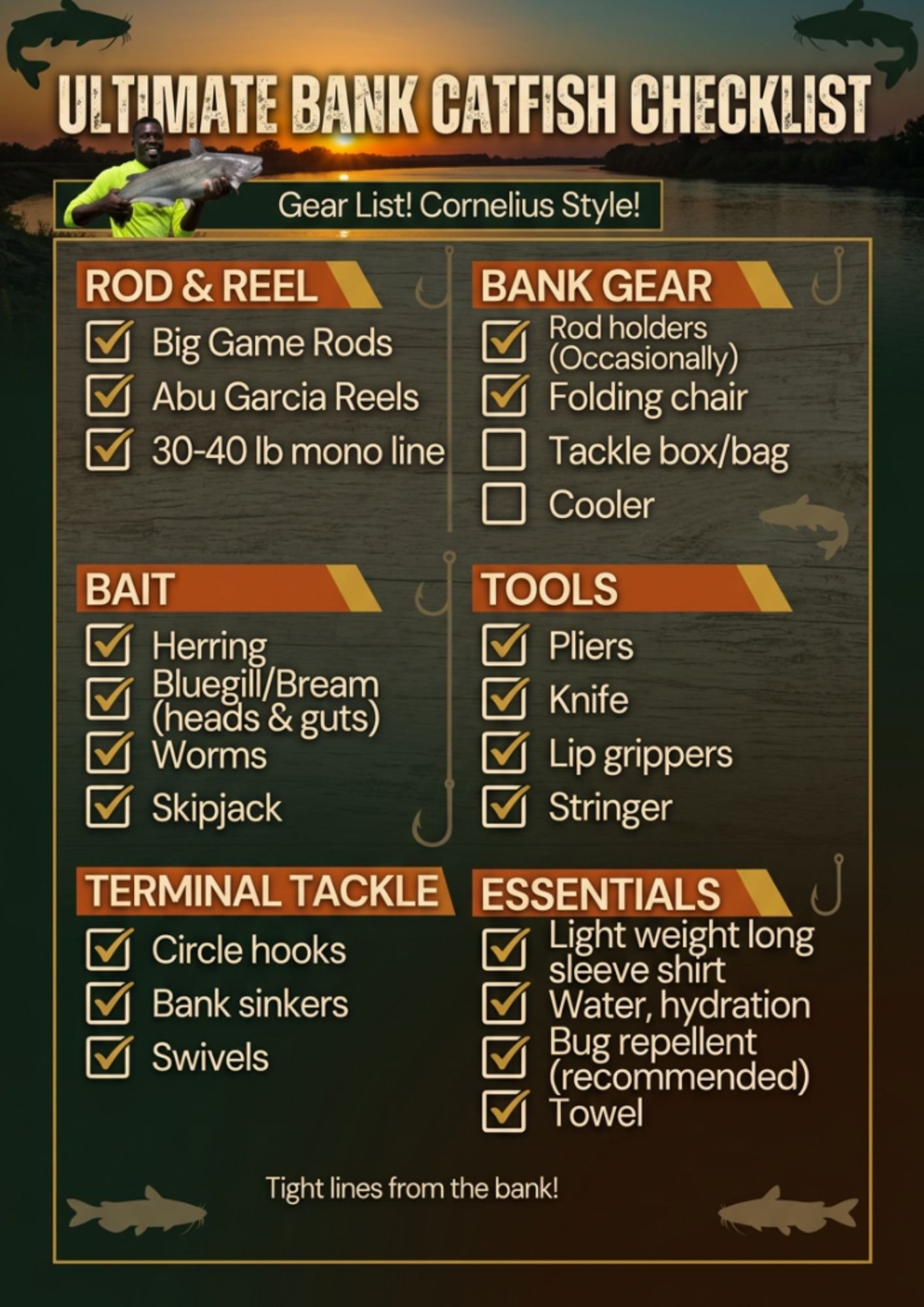 Checklist for catching catfish, including gear, bait, tools, terminal tackle, and essentials, with images of a man holding a large catfish and fish silhouettes in the background.