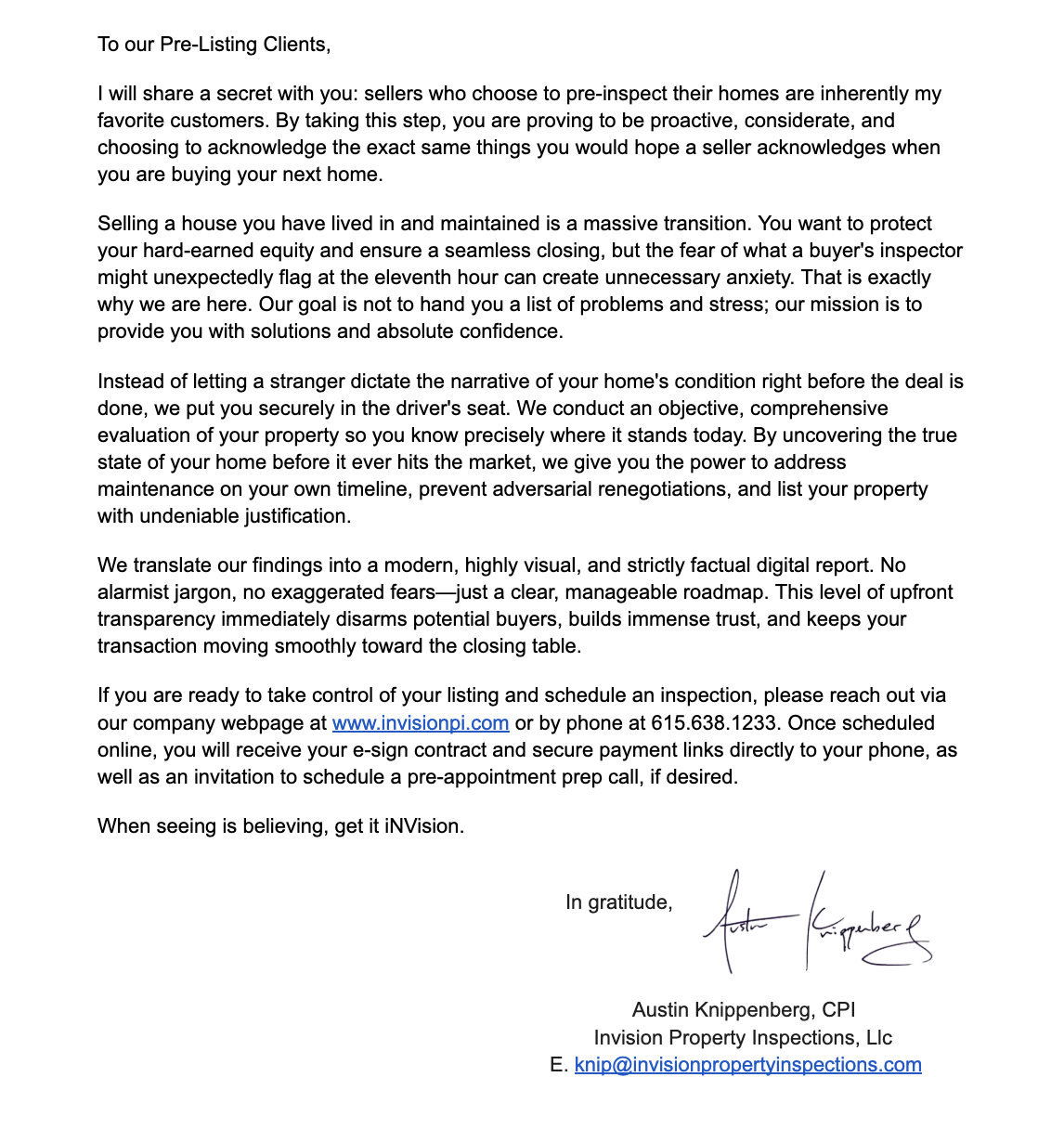 Letter addressed to pre-listing clients from Austin Knippenberg of Invision Property Inspections, discussing home inspection process, evaluation, and scheduling services.