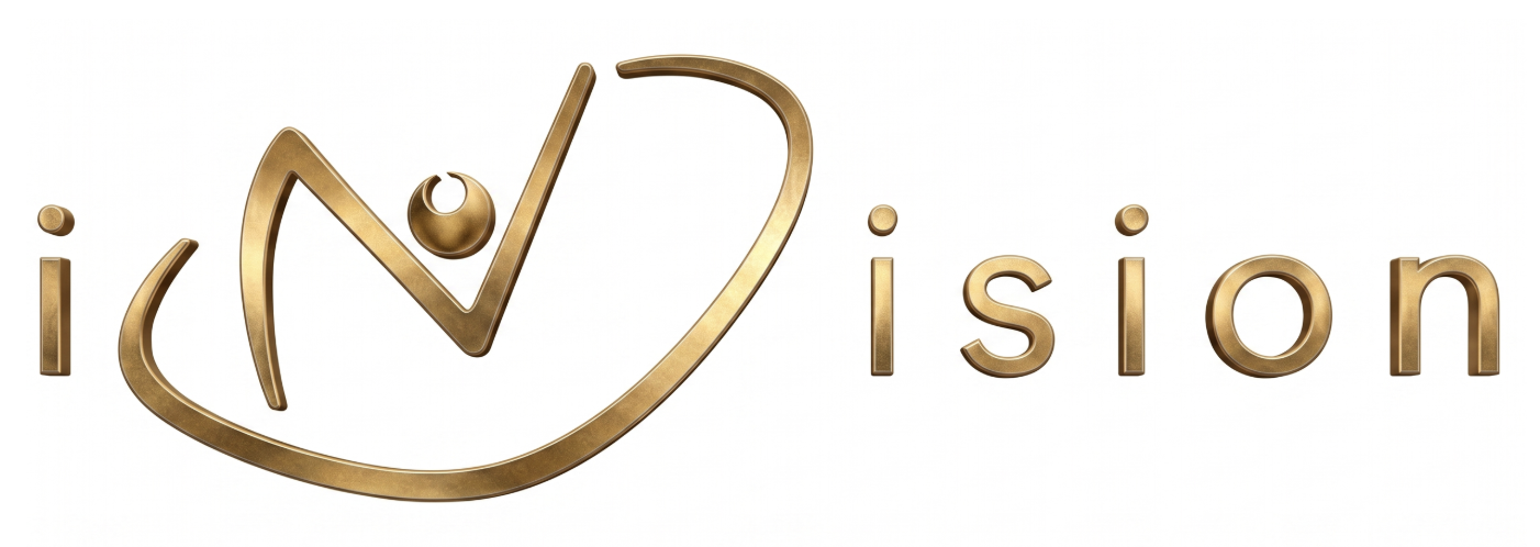 Gold 3D letter logo spelling 'vision' with a stylized eye symbol replacing the 'V' and the dot of the 'i' on a white background.