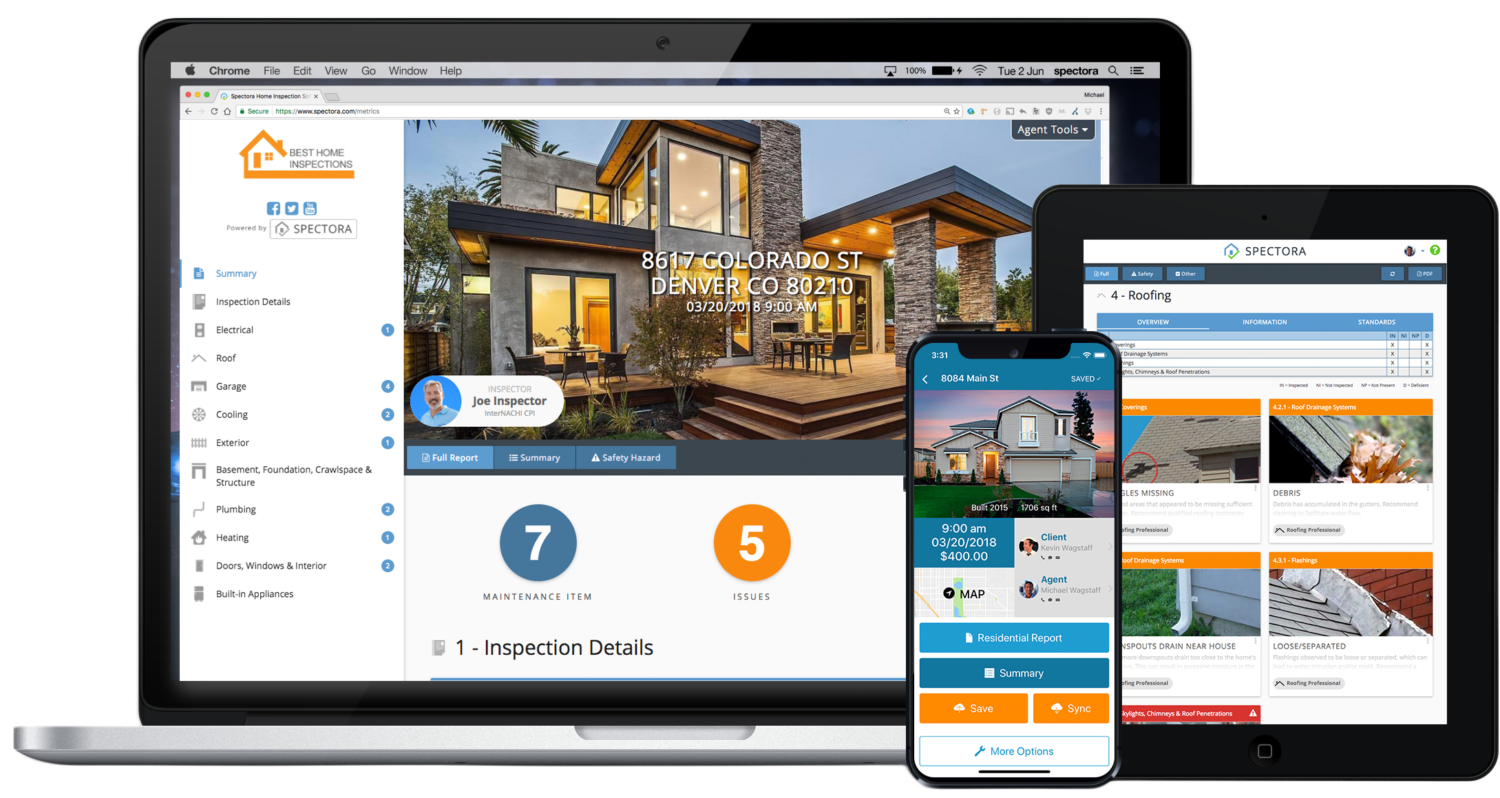 Multiple screens displaying home inspection report software Spectora on a laptop, tablet, and smartphone showing house images, inspection details, and issue reports.