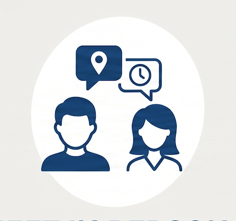 Icon of a man and woman with speech bubbles showing location pin and clock symbols.