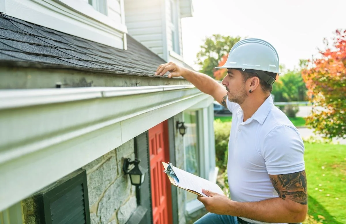A man wearing a white hard hat and white polo shirt inspecting the roof of a house with a clipboard in hand.