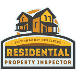 Logo for Internachio Certified Residential Property Inspector featuring illustrations of multiple houses and text.