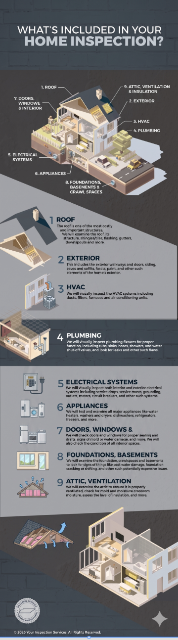 Infographic of home inspection checklist inside a house diagram showing roof, exterior, HVAC, plumbing, electrical systems, appliances, doors, foundations, attic, and ventilation with explanations of each inspection point.