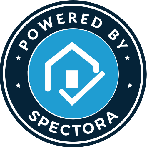 A circular badge with a blue center and a house icon with a checkmark inside, surrounded by the text "Powered by Spectora."
