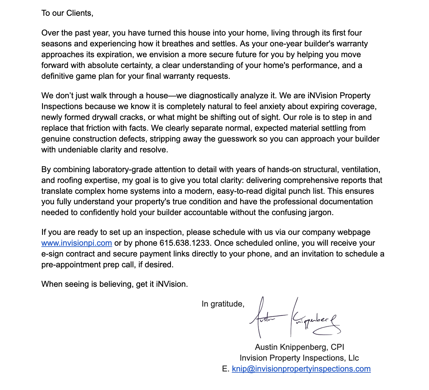 Letter from Invision Property Inspections to clients discussing home inspection and warranty services, signed by Austin Knippenberg.