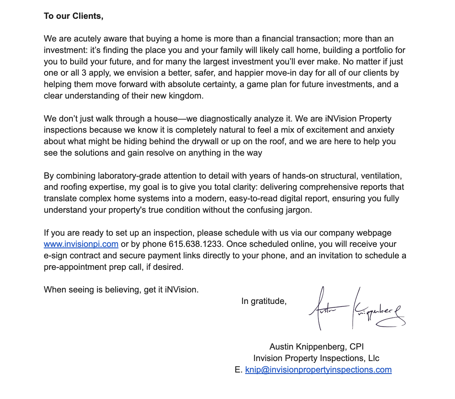 Letter addressed to clients from Invision Property Inspections, explaining their home inspection process and contact information, signed by Austin Knippenberg.