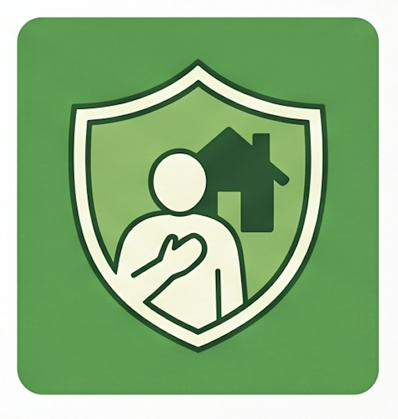 Icon of a person with a hand over their heart inside a shield, with a house in the background, on a green background.
