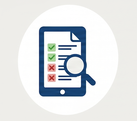 Illustration of a smartphone with a checklist and magnifying glass, indicating review or inspection.