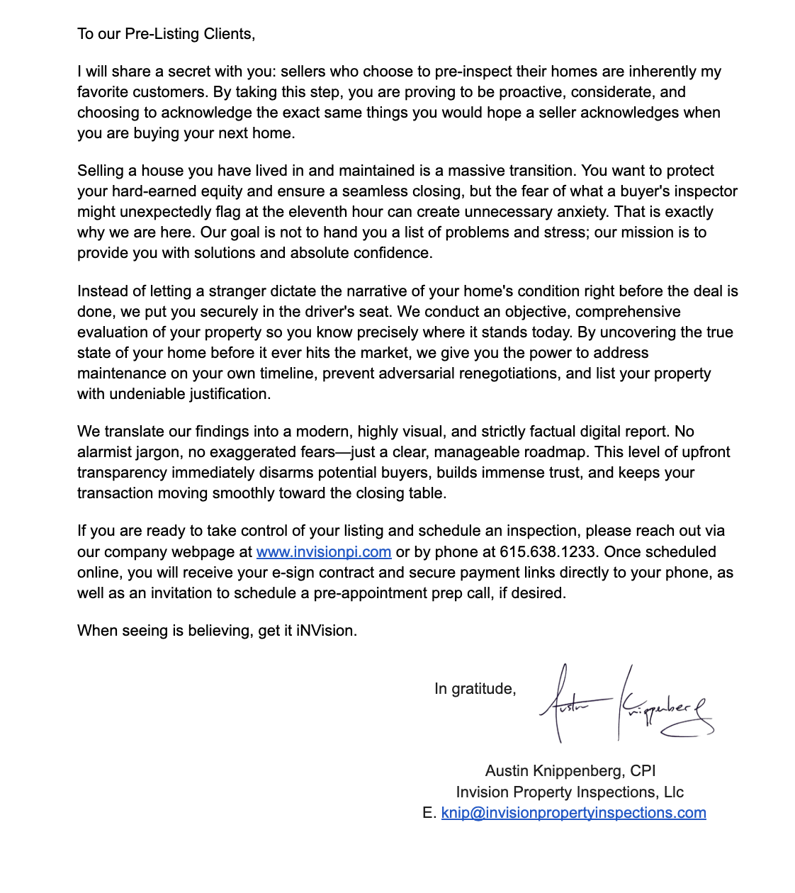 A letter addressed to pre-listing clients, discussing home inspections and property evaluation. The letter emphasizes transparency, confidence, and indicates contact information and a signature at the bottom.